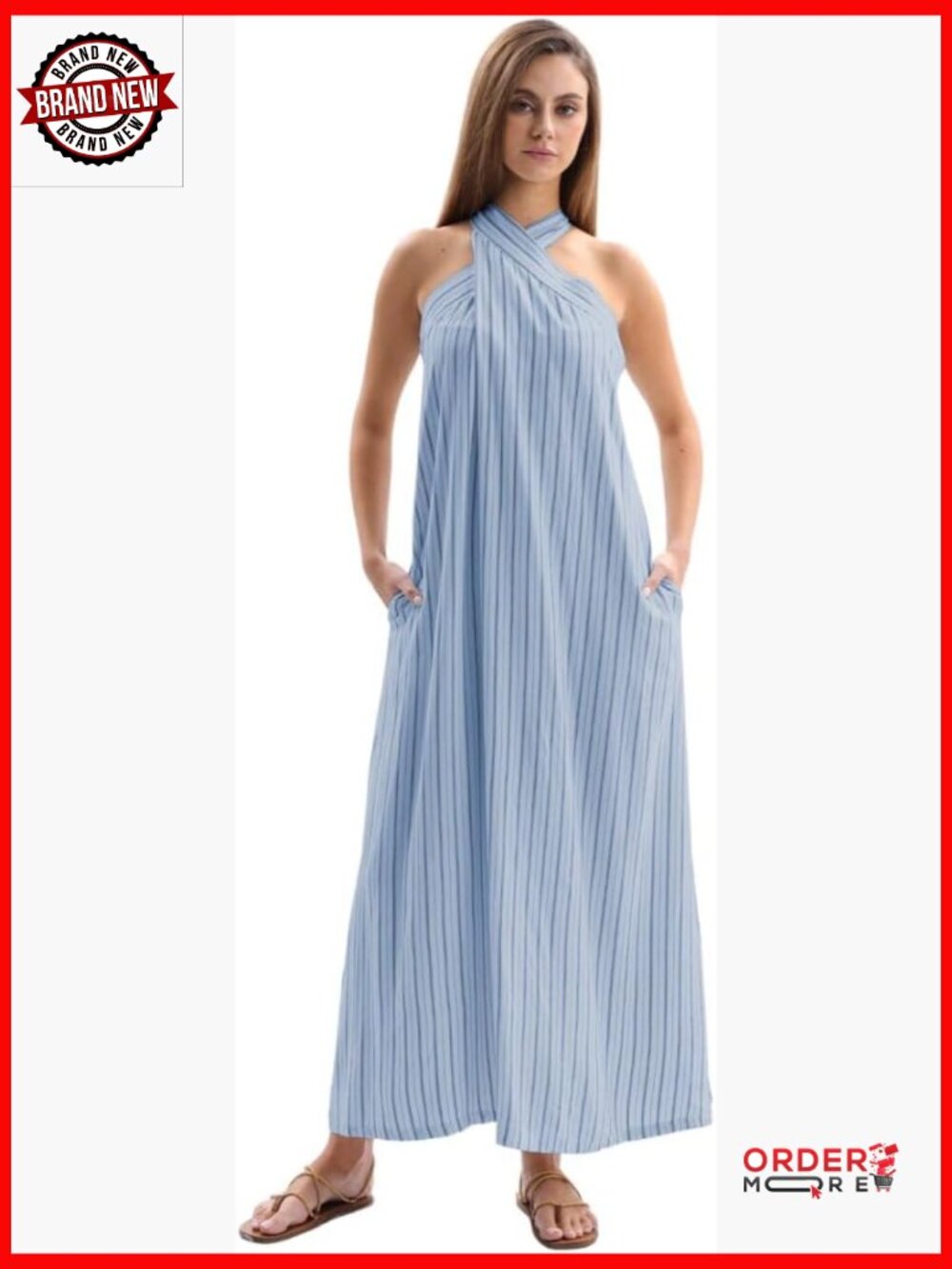 Linen Blend Striped Halter Maxi Dress with Pockets